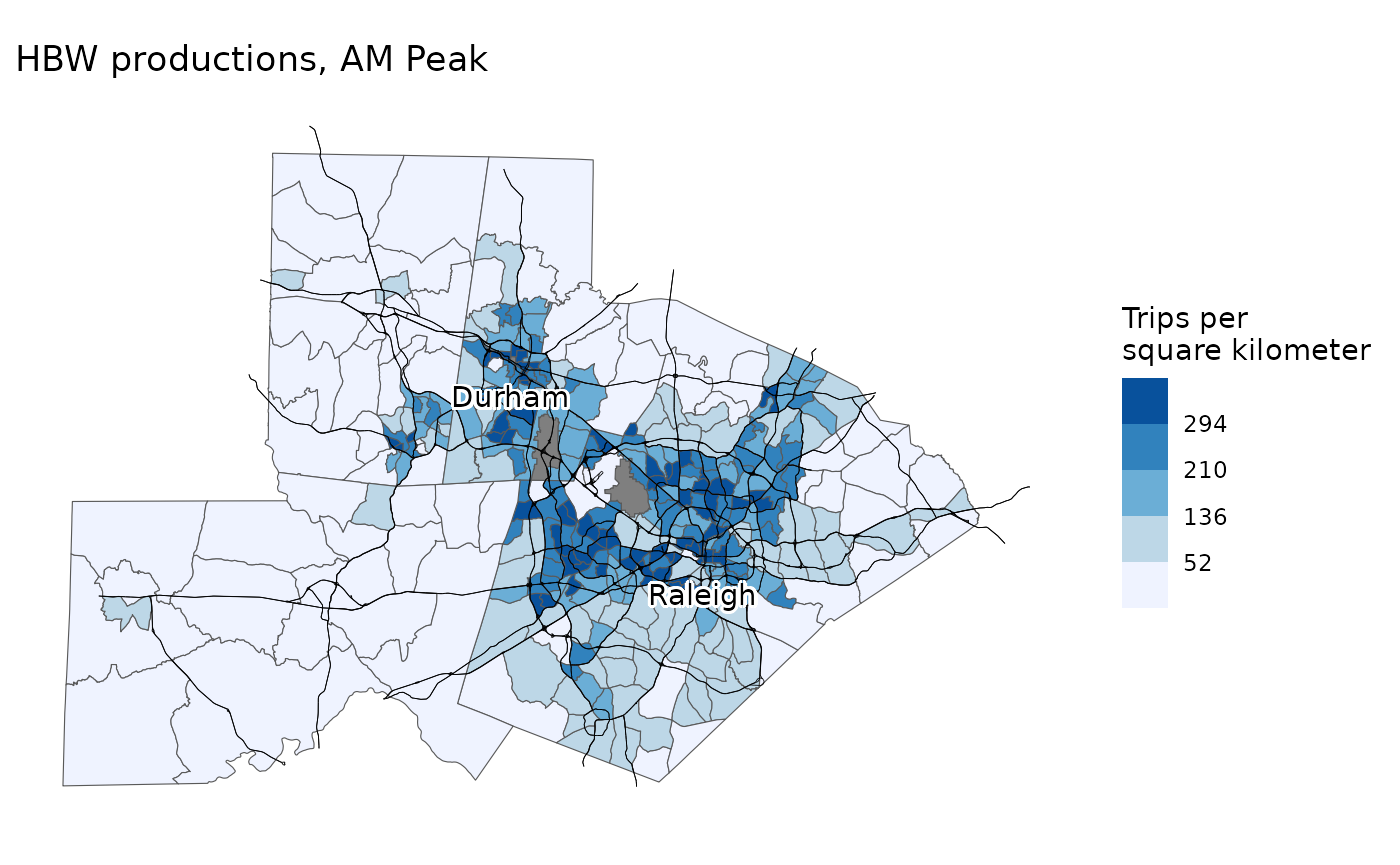 AM Peak home-based work trip productions and attractions. Productions are spread across the region, with somewhat higher density in urban areas.