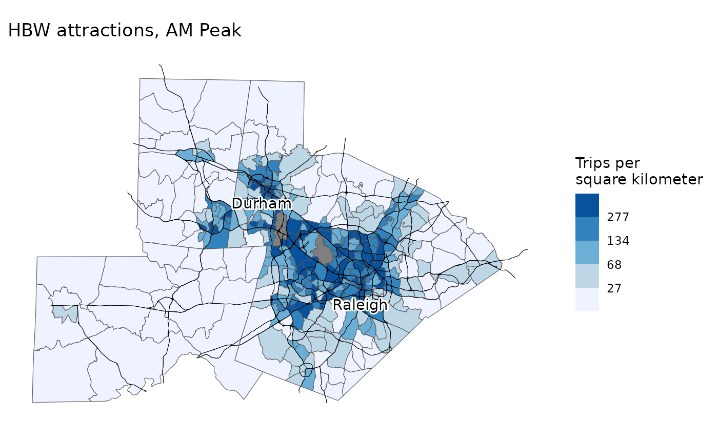 AM Peak home-based work trip attractions. Unlike productions, attractions are concentrated in downtown areas.
