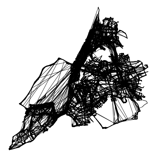 Trajectories of all trips showing the bus network of NYC as a bunch of lines, one for the path taken by each vehicle, on a white background.