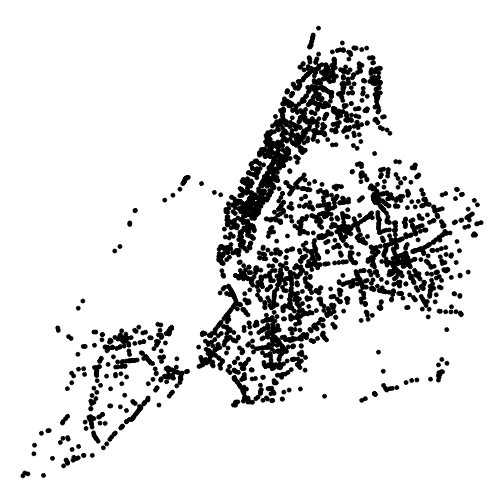 Plot showing several thousand dots representing buses, in the general shape of New York City, on a white background.