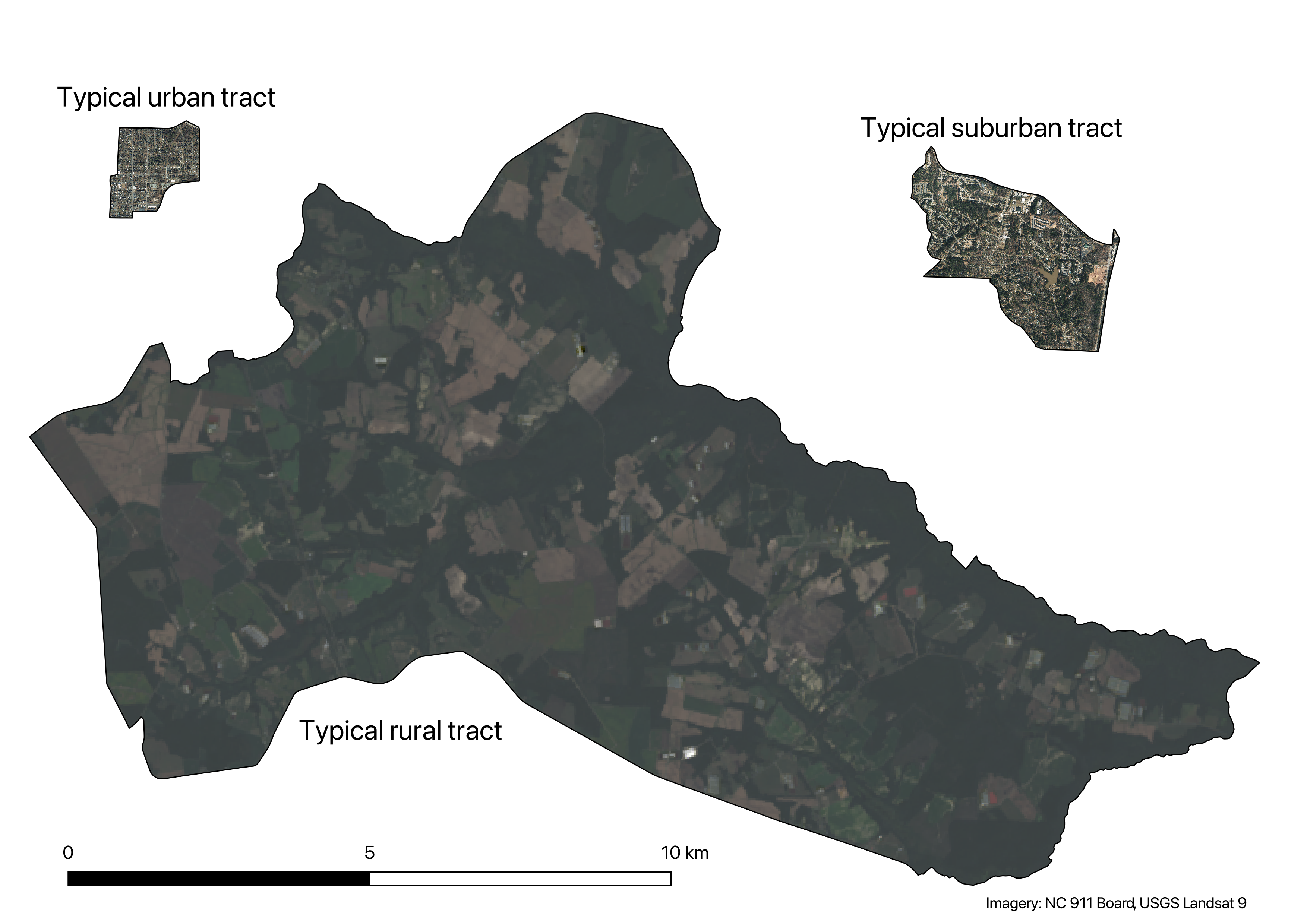 Size comparison of urban, suburban, and rural Census tracts, demonstrating how much larger rural tracts are