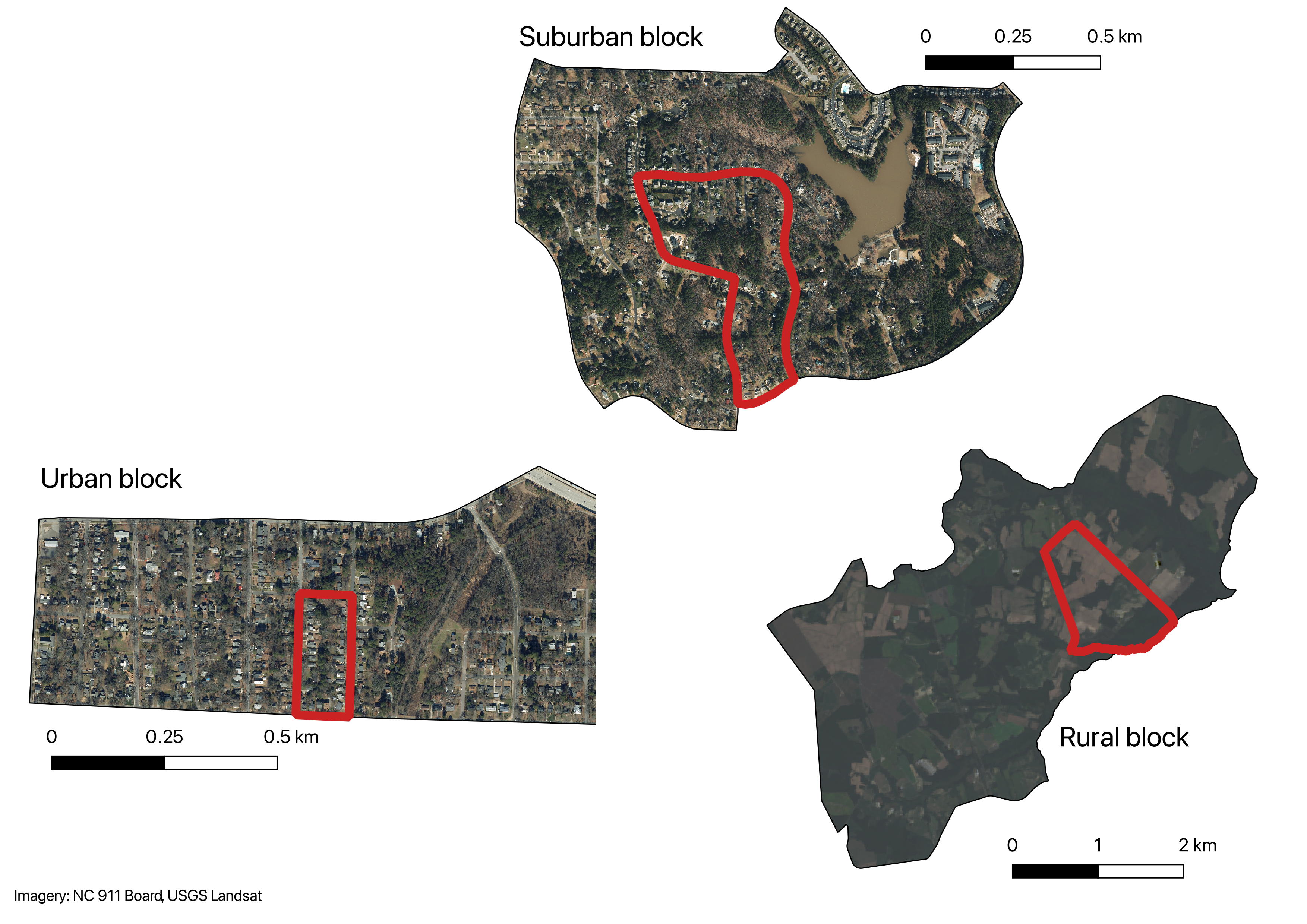 Image showing size of blocks within block groups (coterminous with one city block in urban areas, a small subdivision in suburban areas, and a fairly large piece of countryside in rural areas.)