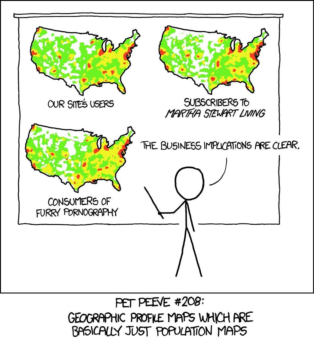 Comic showing three identical maps labeled 'Our site's users', 'Subscribers to Martha Stewart Living' and 'Consumers of Furry Pornography', with a caption saying 'Pet peeve #208: geographic profile maps which are basically just population maps'