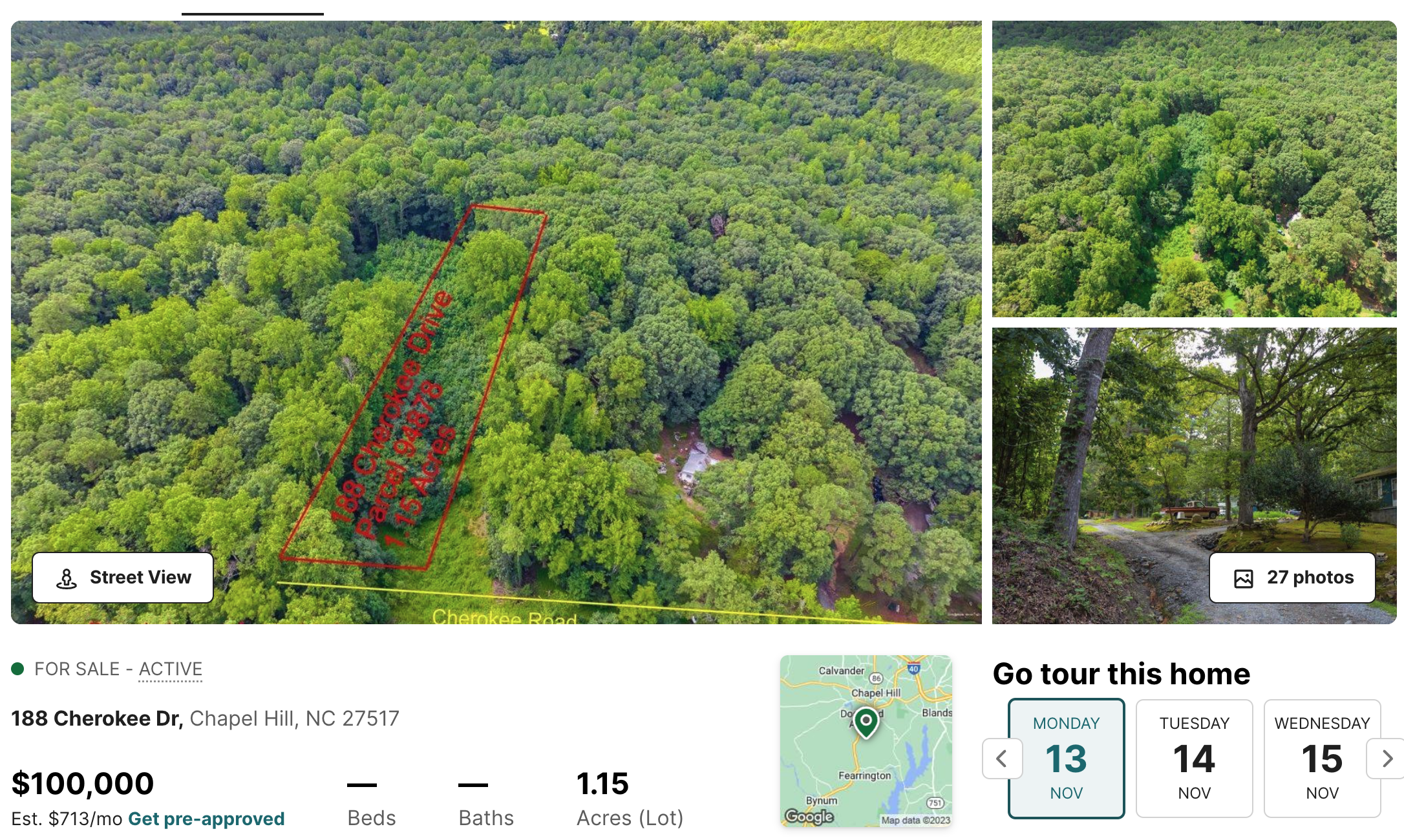 Image of 1.15 acre lot in Chapel Hill for sale for $100,000