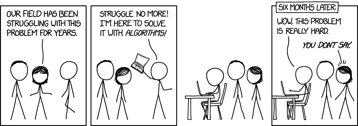 A comic showing someone arriving with a computer, saying they can solve some field's problems with algorithms, and then later admitting that the problems are hard