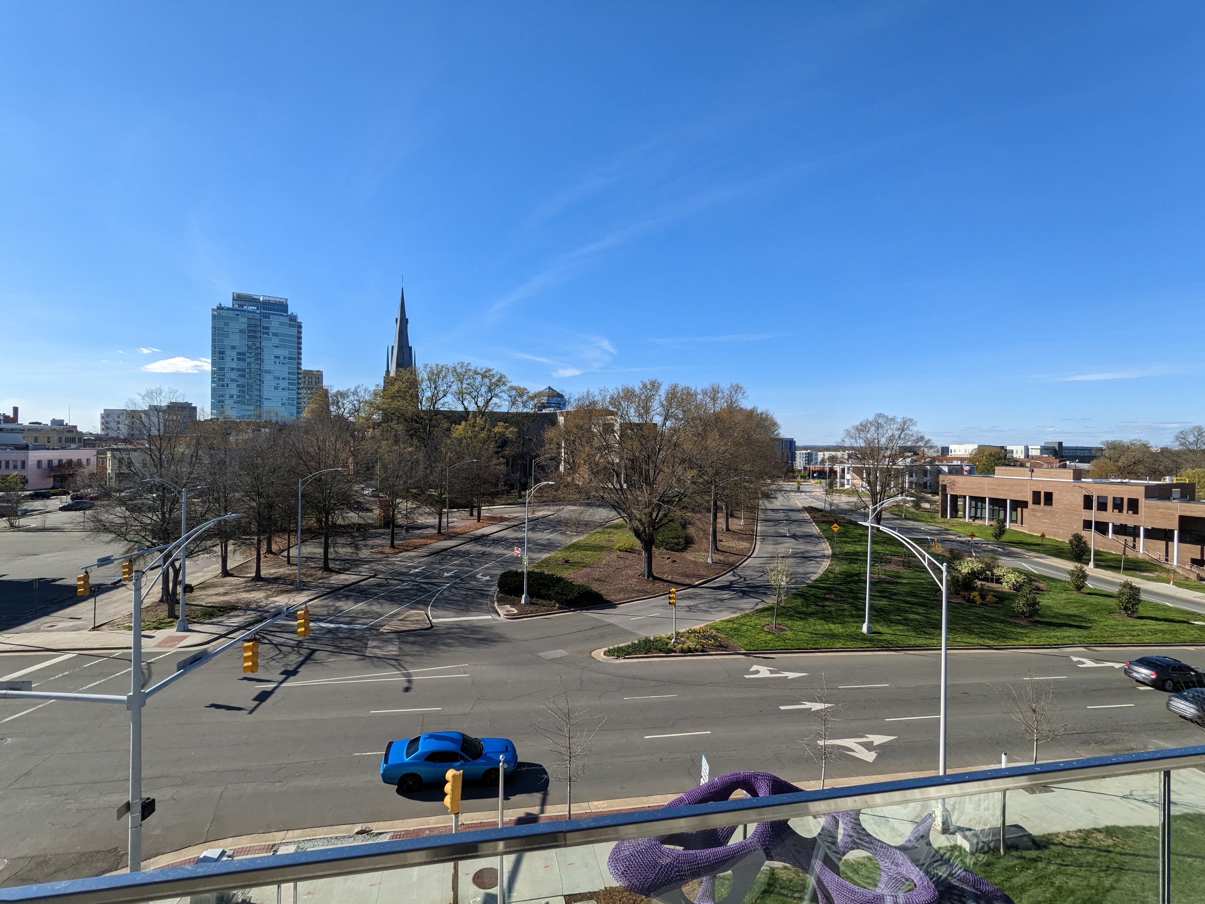 The intersection in front of the Durham County Main Library, a tangle of high-speed roadways