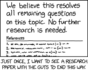 Image of a fictitious research paper saying 'we believe this resolves all remaining questions on this topic