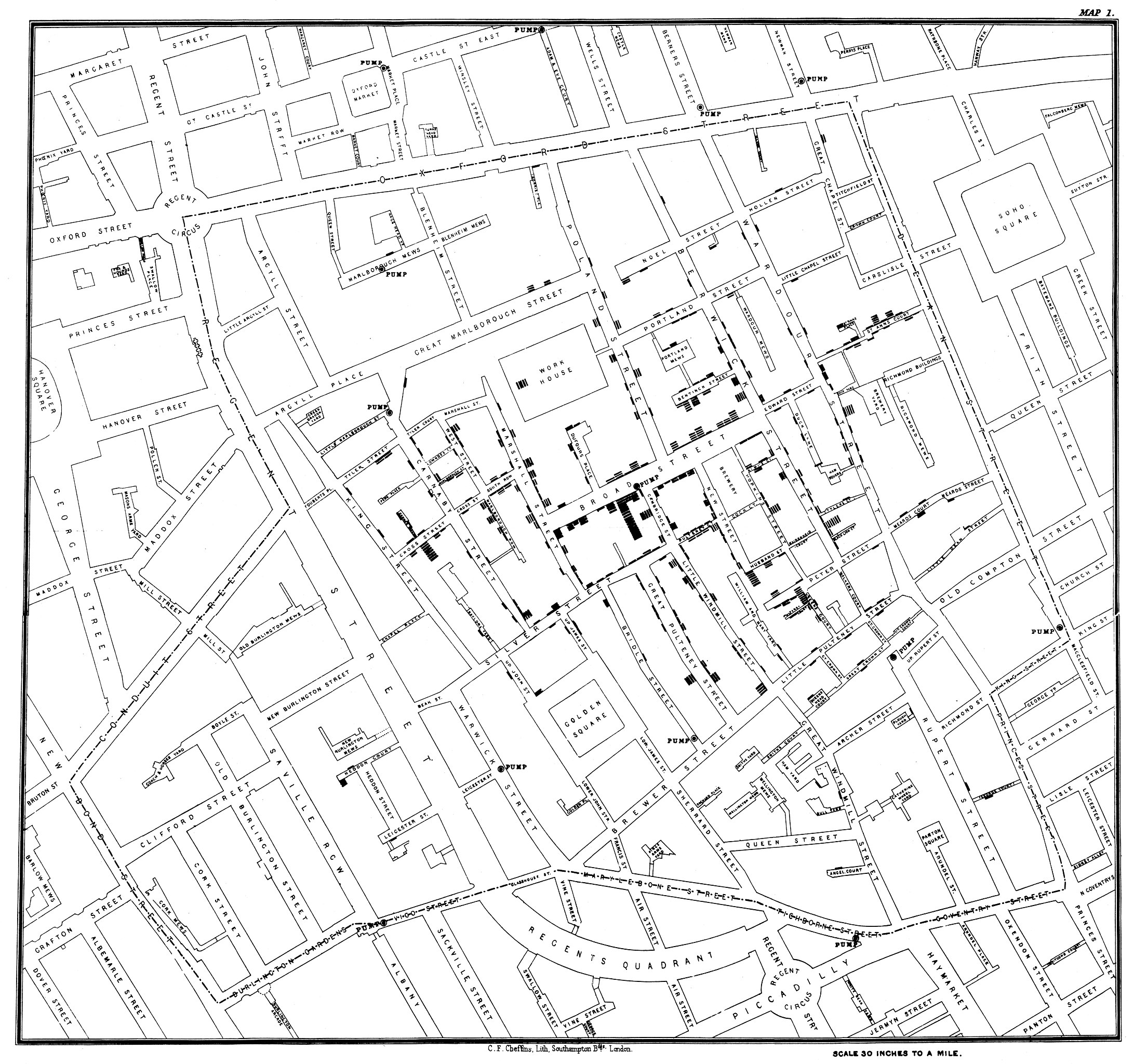 Map of central London, with dots showing locations of cholera cases concentrated around the Broad Street pump