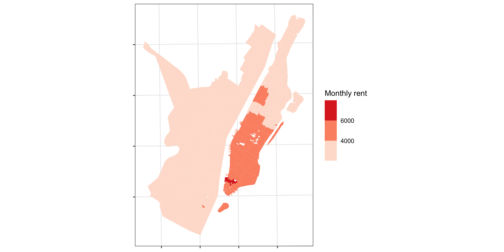 Map of monthly rent, showing lower rents in Jersey City/Hoboken